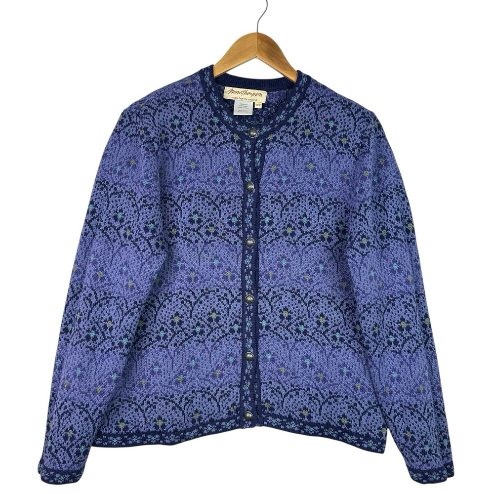Vintage 1990s Y2K Norm Thompson Fair Isle Knit Cardigan Sweater Purple Blue‎ M